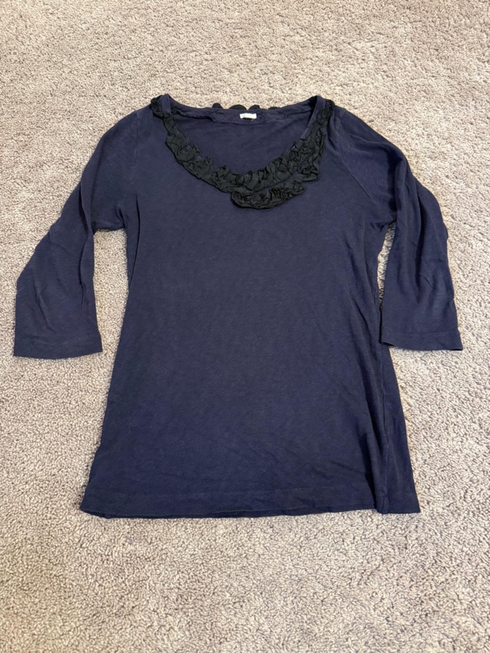 J. Crew Navy Long Sleeve Top with Ruffle Trim